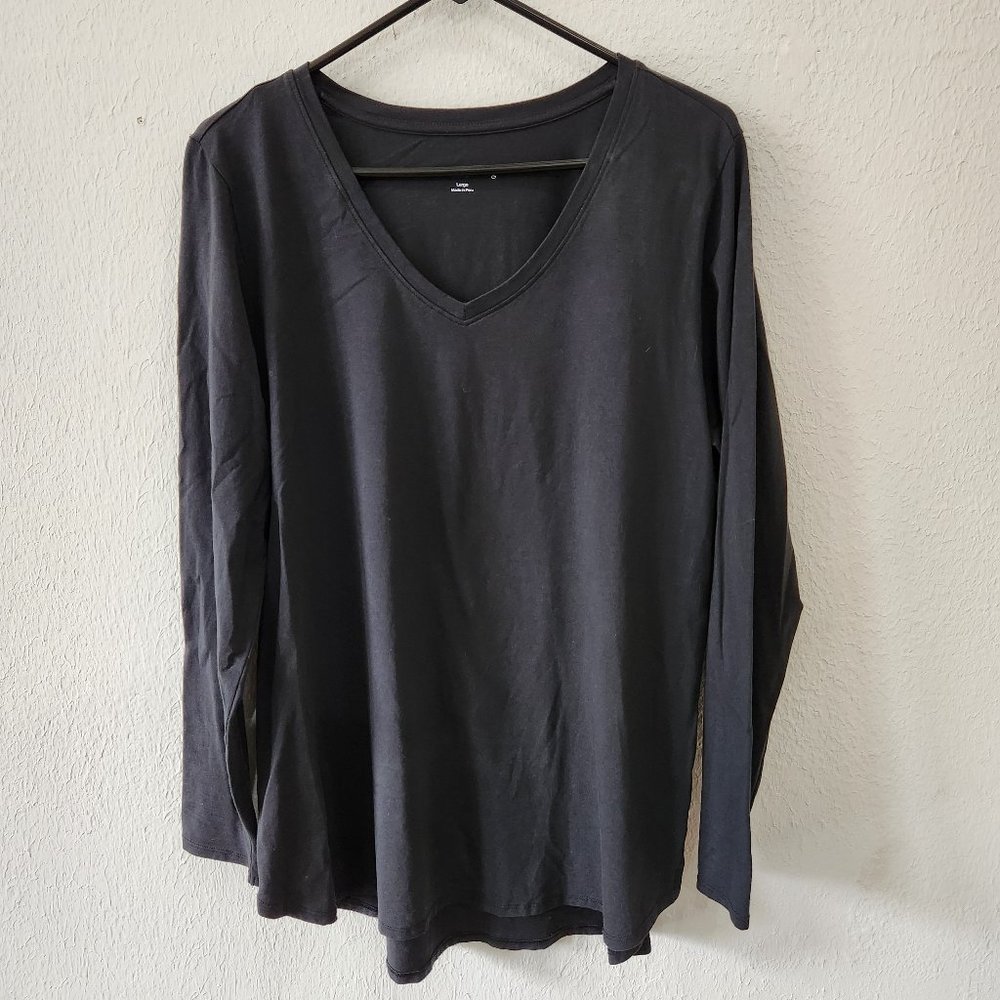 Soft Surroundings Tee Shirt Womens Large Black Long Sleeve V Neck